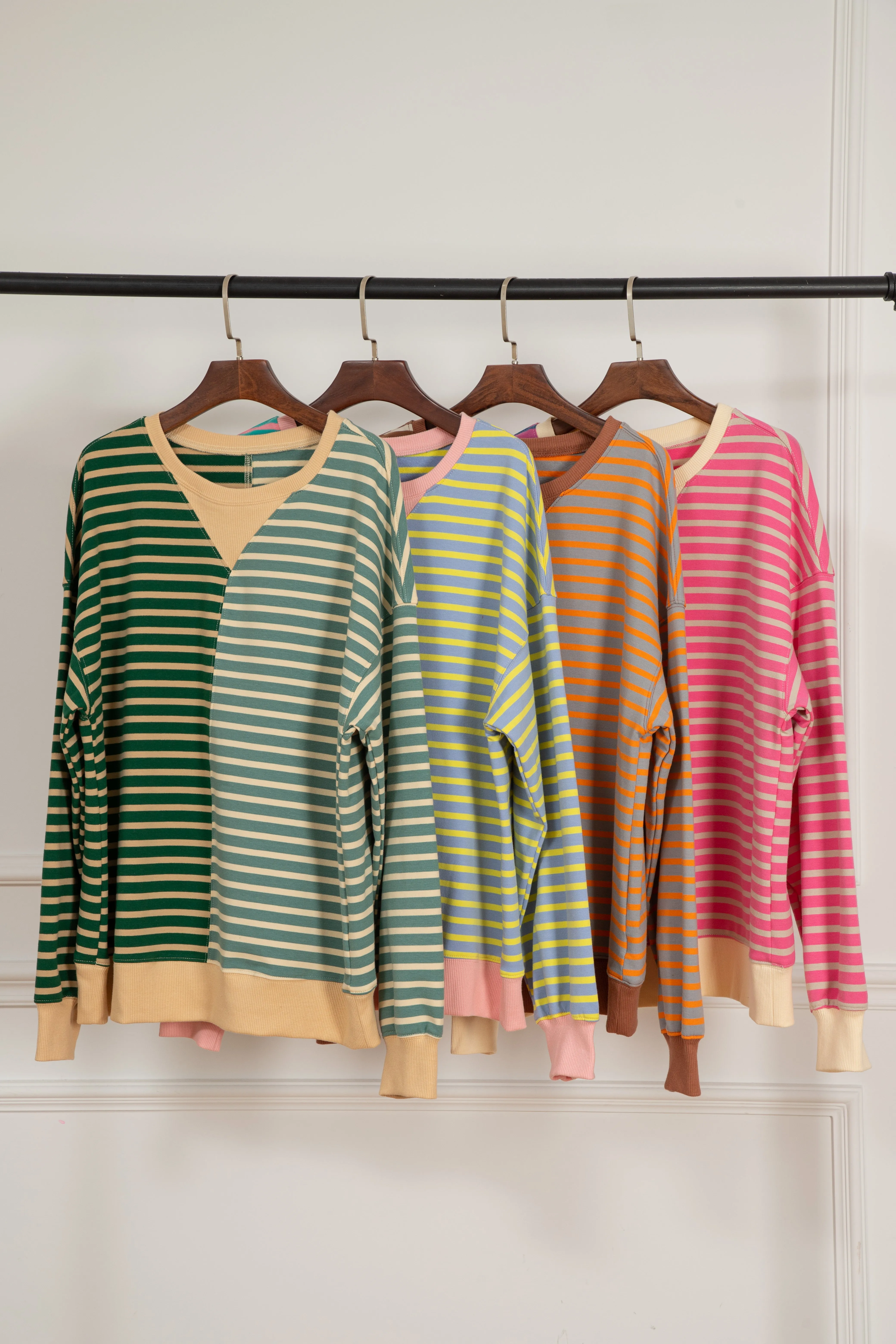 Pink Stripe Casual Stripe Colorblock Drop Shoulder Oversize Sweatshirt