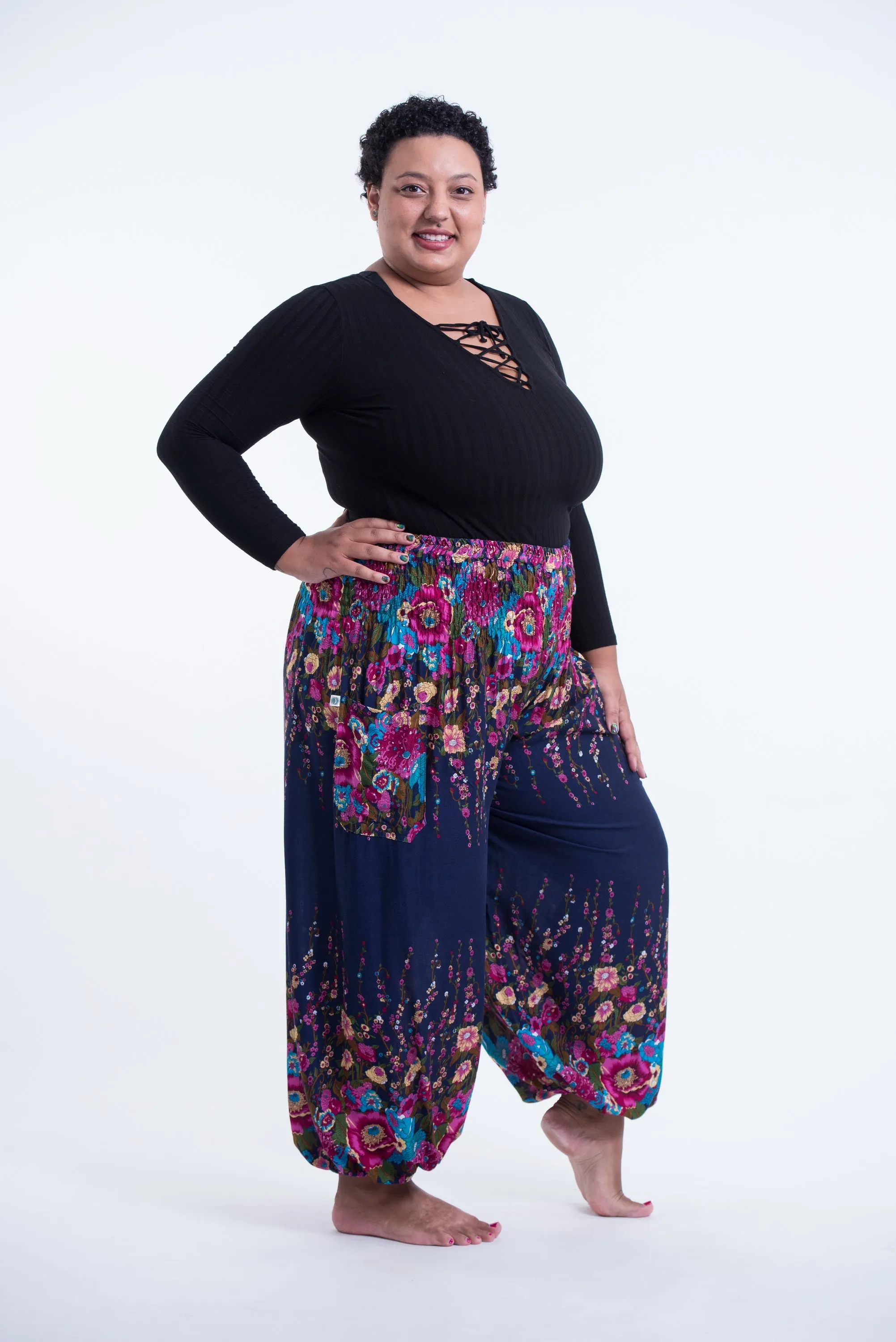 Plus Size Floral Unisex Harem Pants in Blue