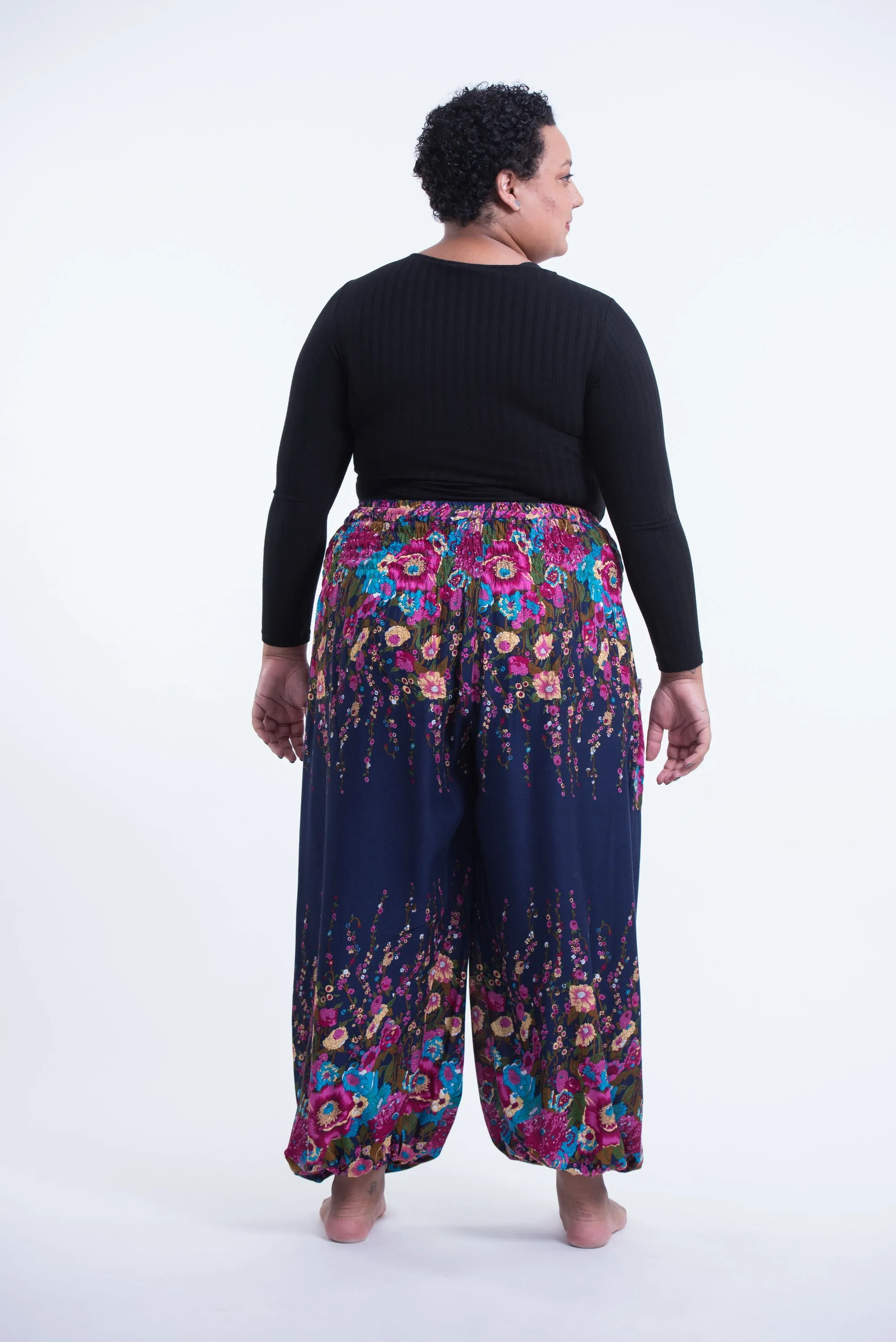 Plus Size Floral Unisex Harem Pants in Blue