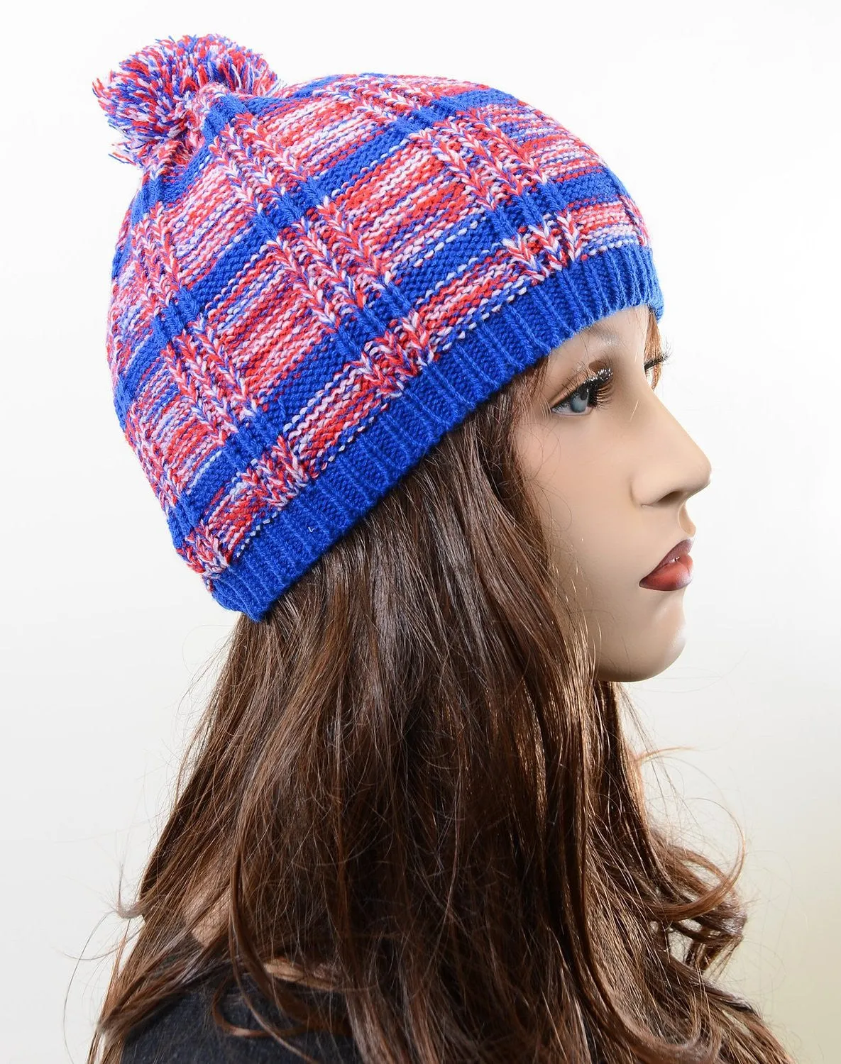 Striped Pink or Blue Design Fashion Unisex Pom Knit Winter Beanie