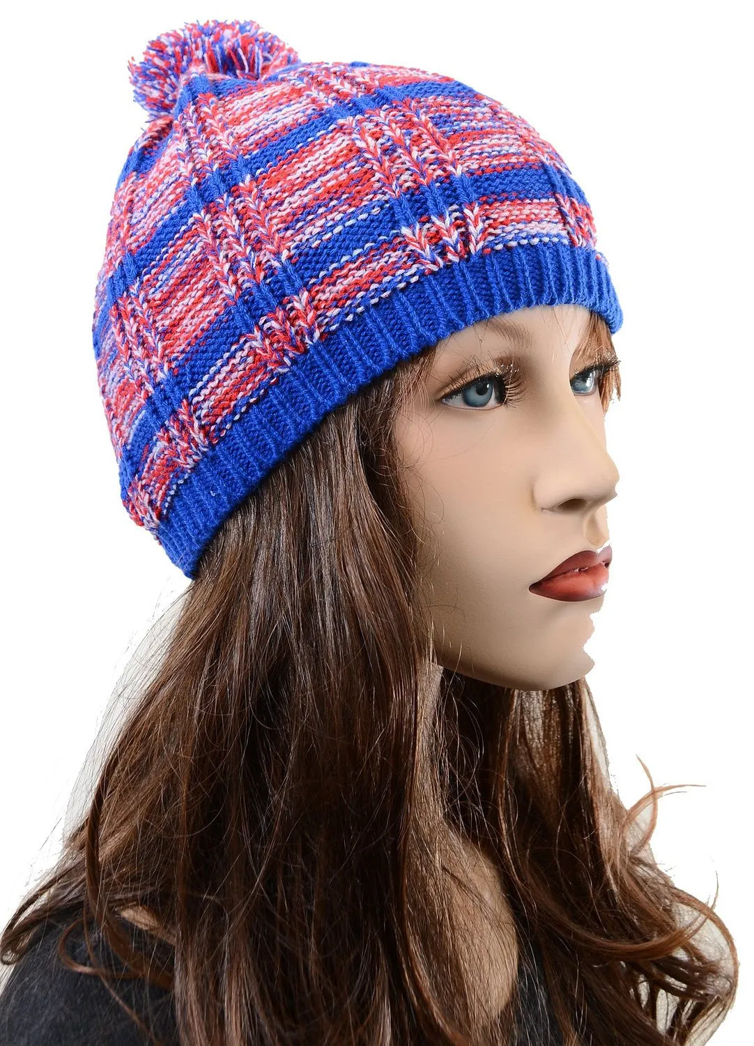 Striped Pink or Blue Design Fashion Unisex Pom Knit Winter Beanie