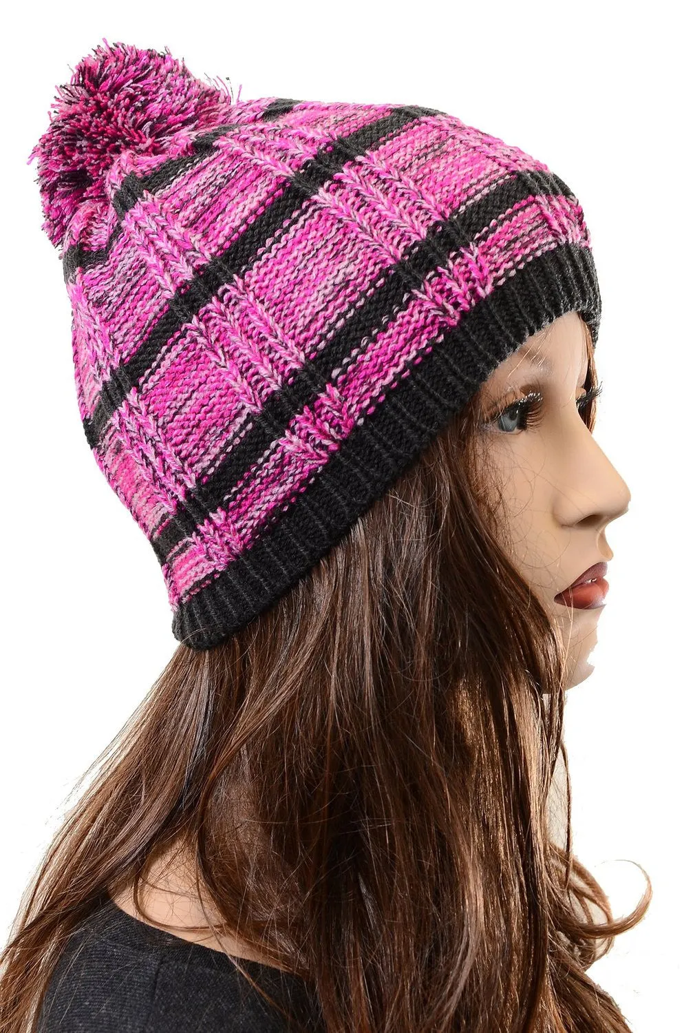 Striped Pink or Blue Design Fashion Unisex Pom Knit Winter Beanie