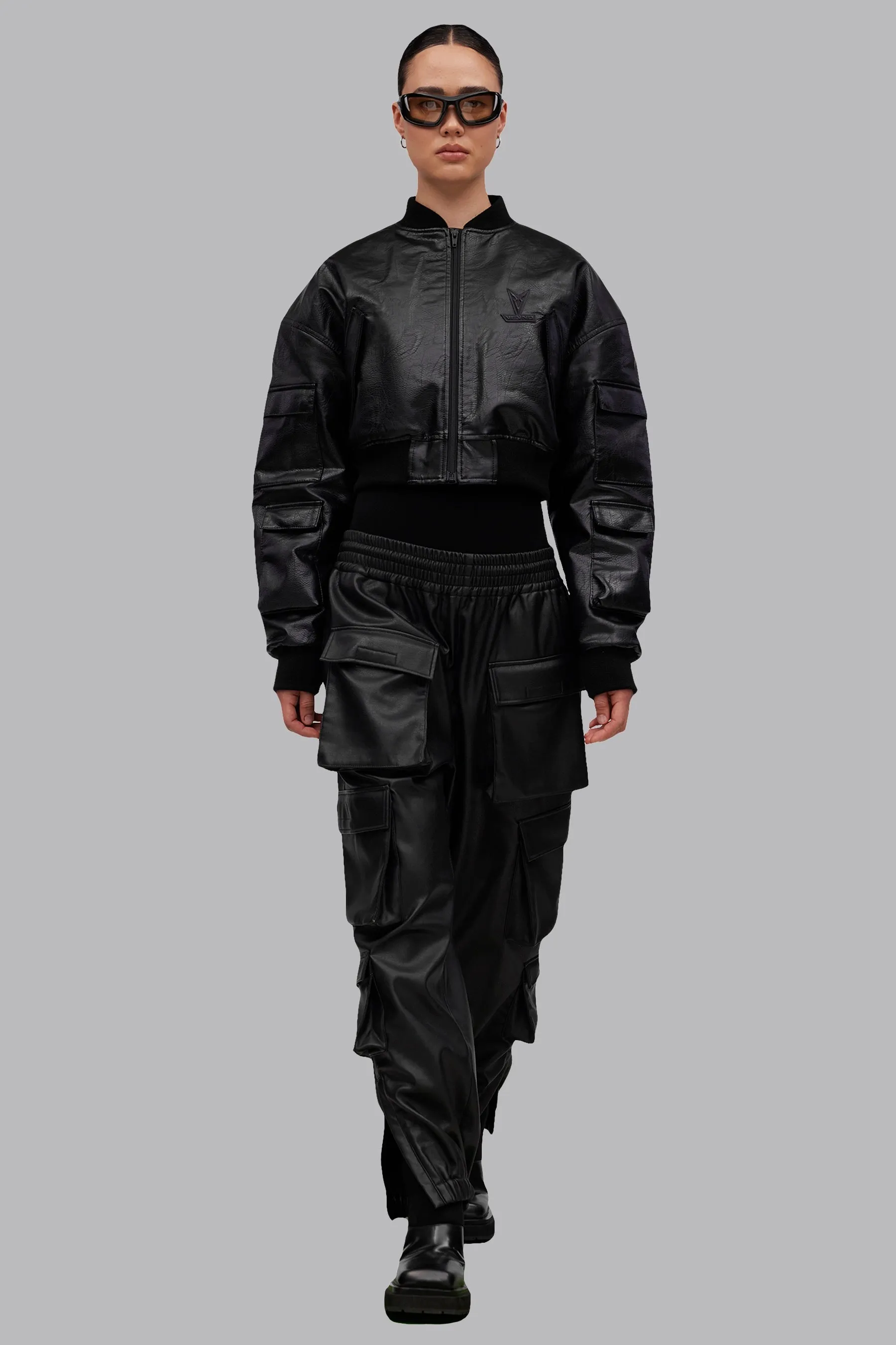 V_GAN LEATHER BOXY BOMBER JACKET - Black