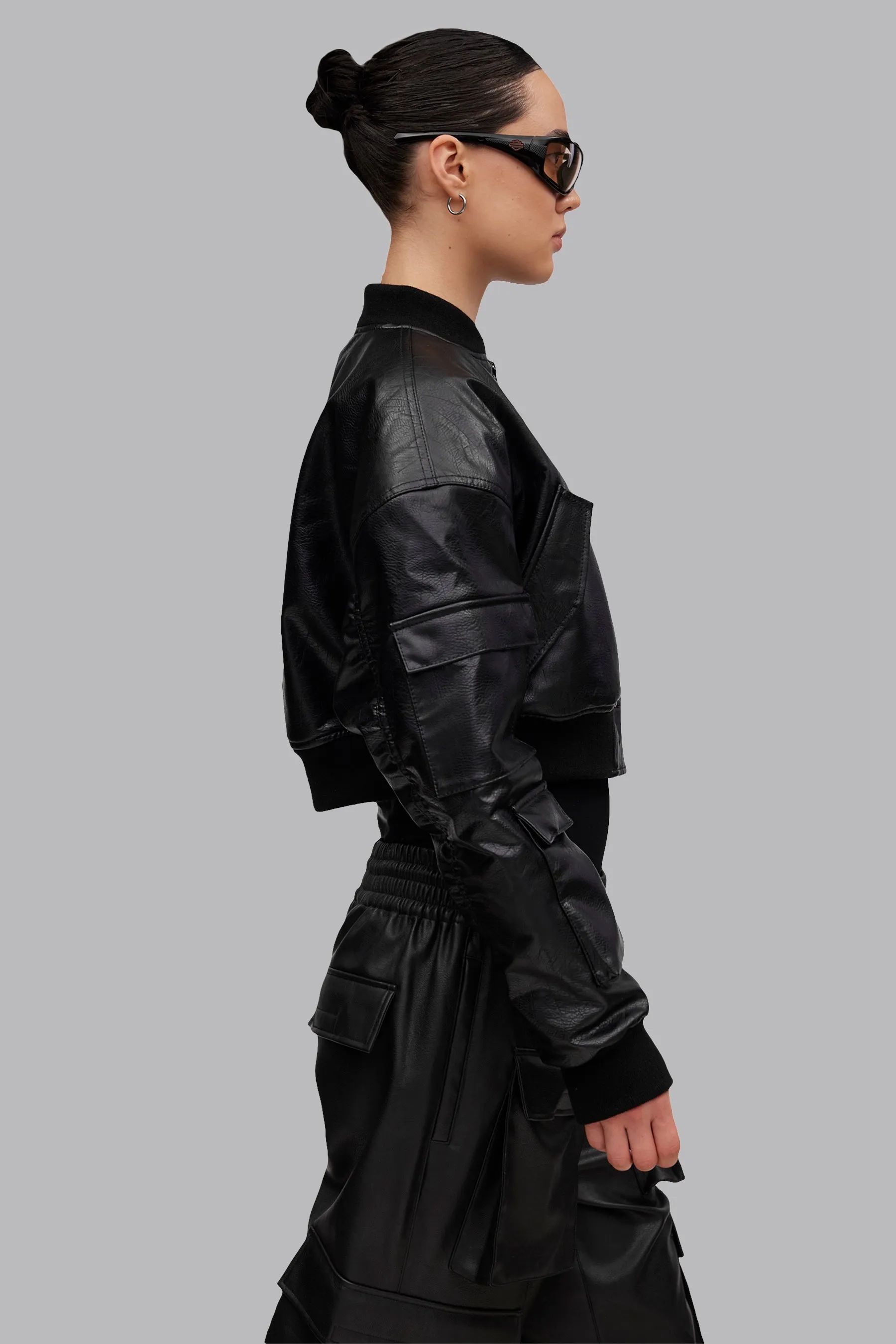 V_GAN LEATHER BOXY BOMBER JACKET - Black