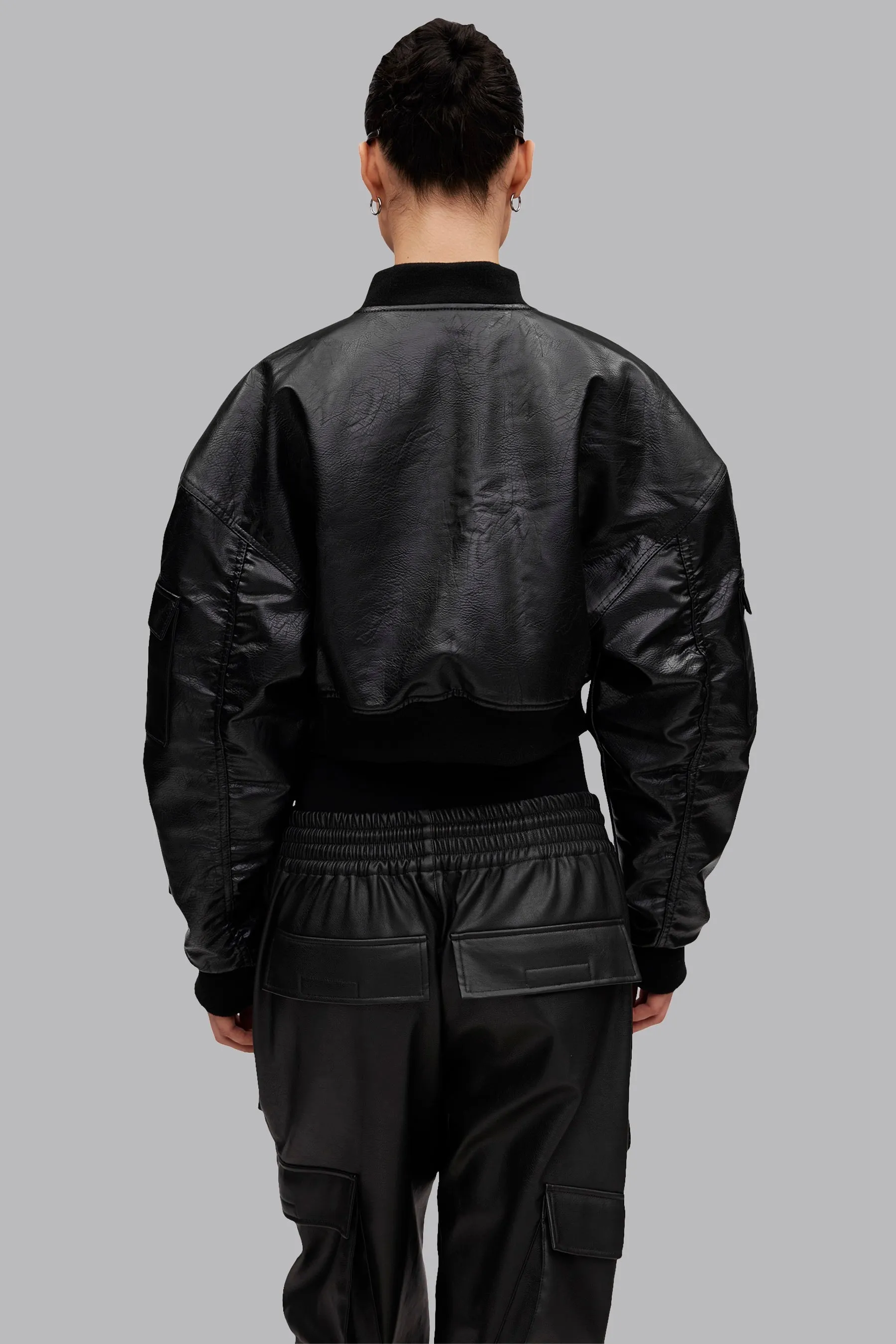 V_GAN LEATHER BOXY BOMBER JACKET - Black