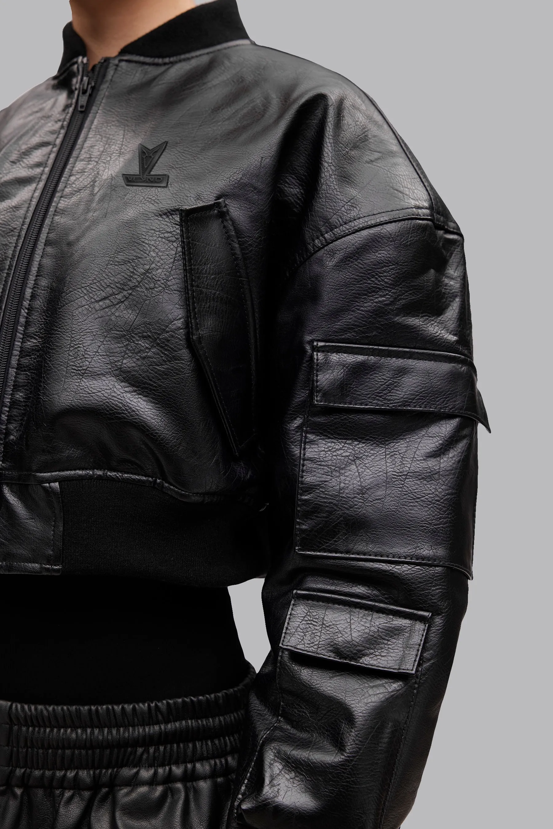 V_GAN LEATHER BOXY BOMBER JACKET - Black