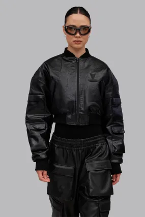 V_GAN LEATHER BOXY BOMBER JACKET - Black