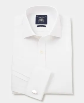 White Cotton Herringbone Slim Fit Formal Shirt - Double Cuff