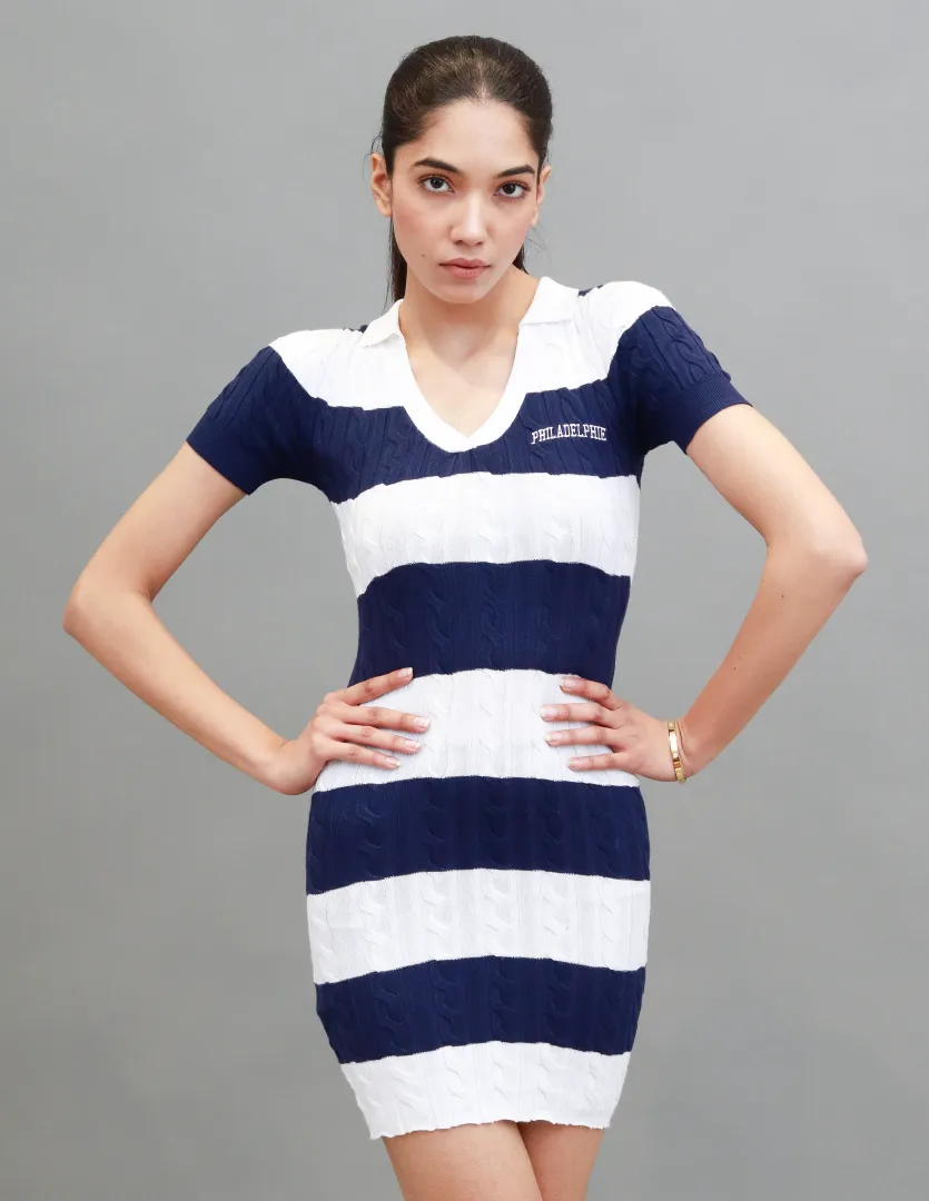 Women Blue Striped Polo Mini Dress