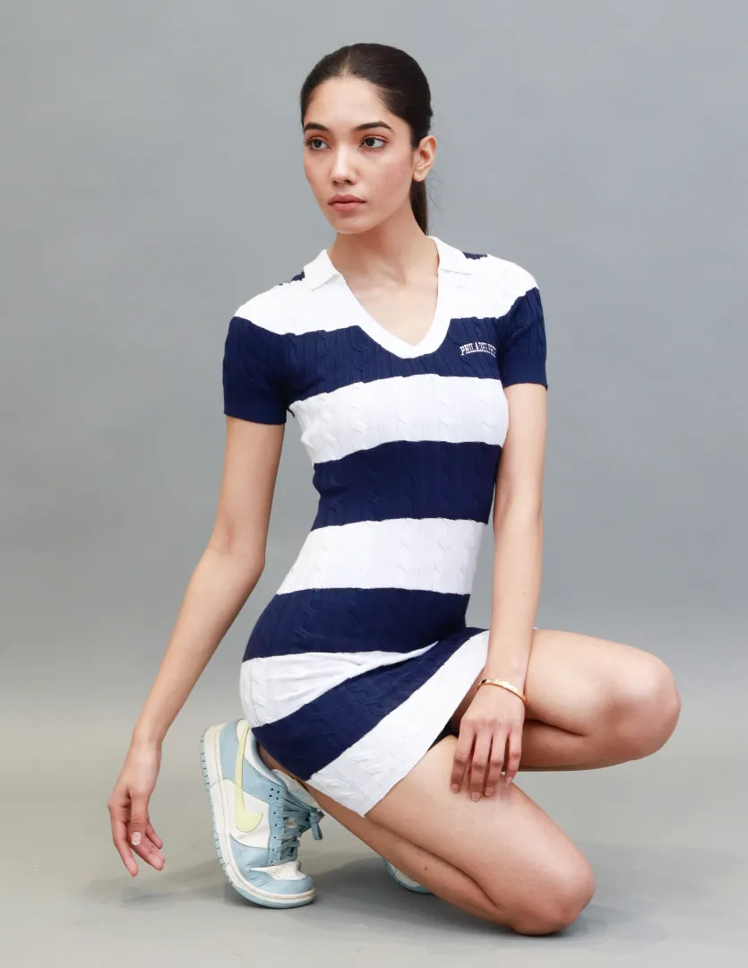 Women Blue Striped Polo Mini Dress