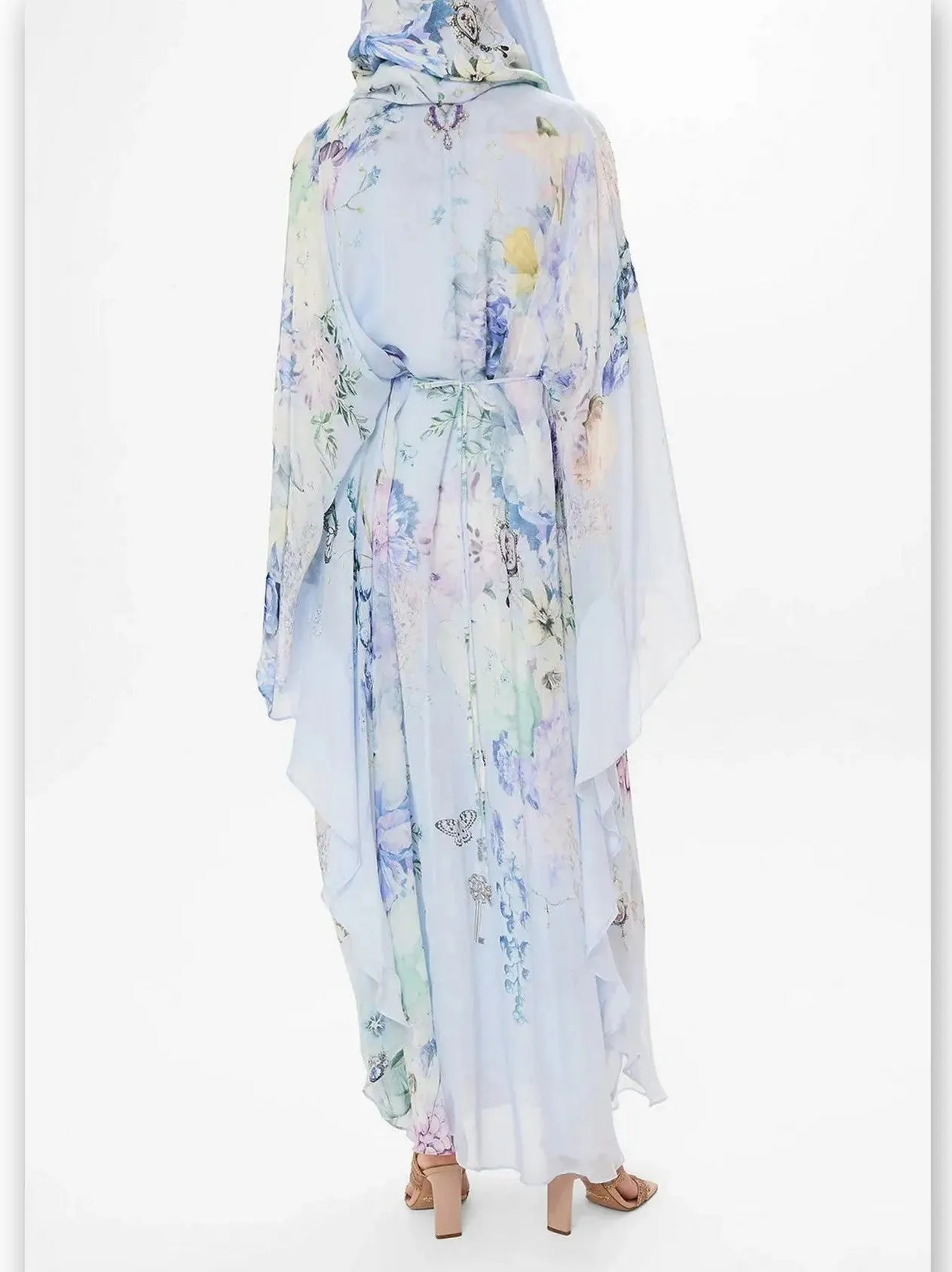 Women’s Butterfly and Floral Printed Long Light Blue Kaftan Dress with Waist Detail