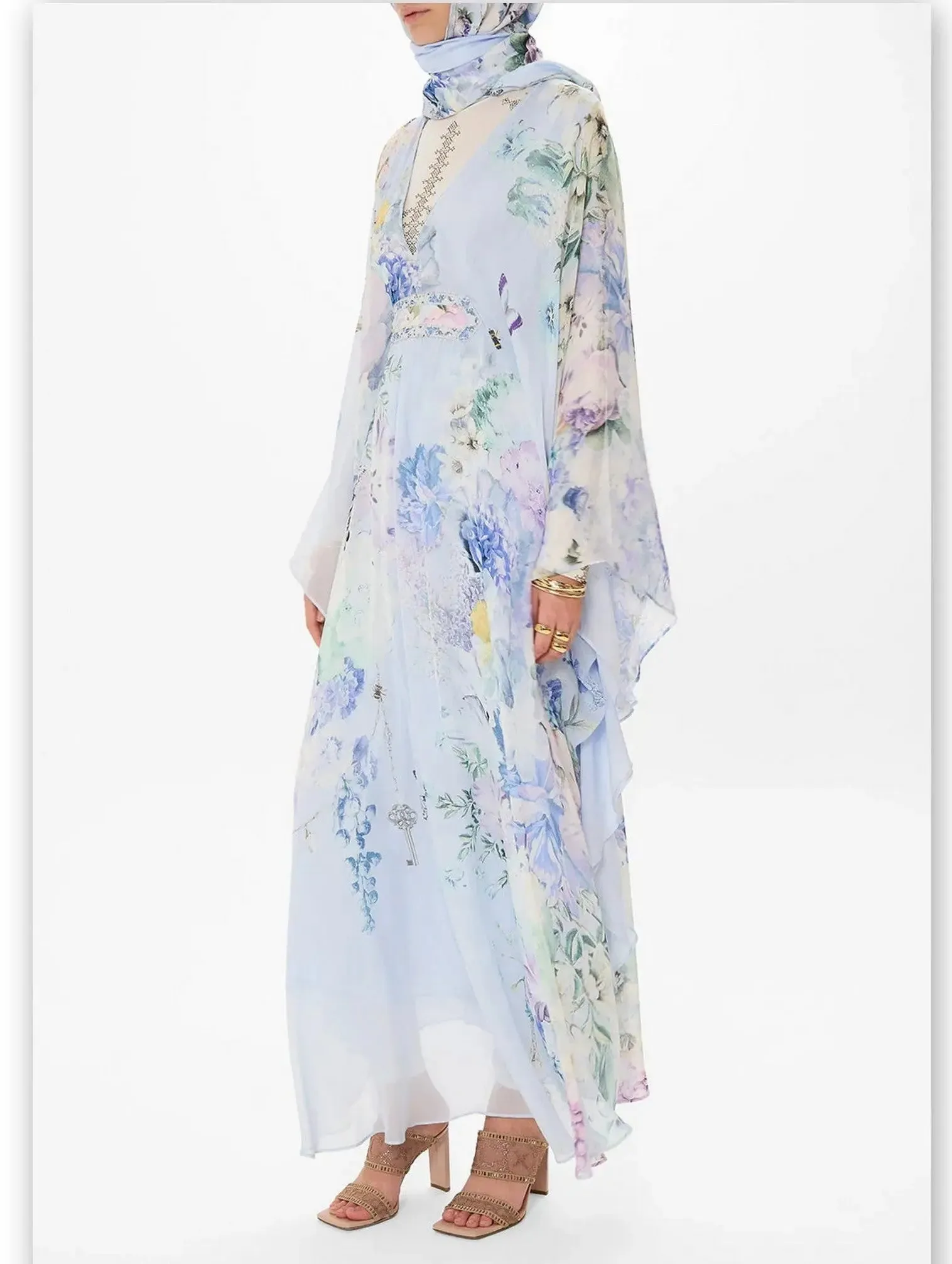 Women’s Butterfly and Floral Printed Long Light Blue Kaftan Dress with Waist Detail