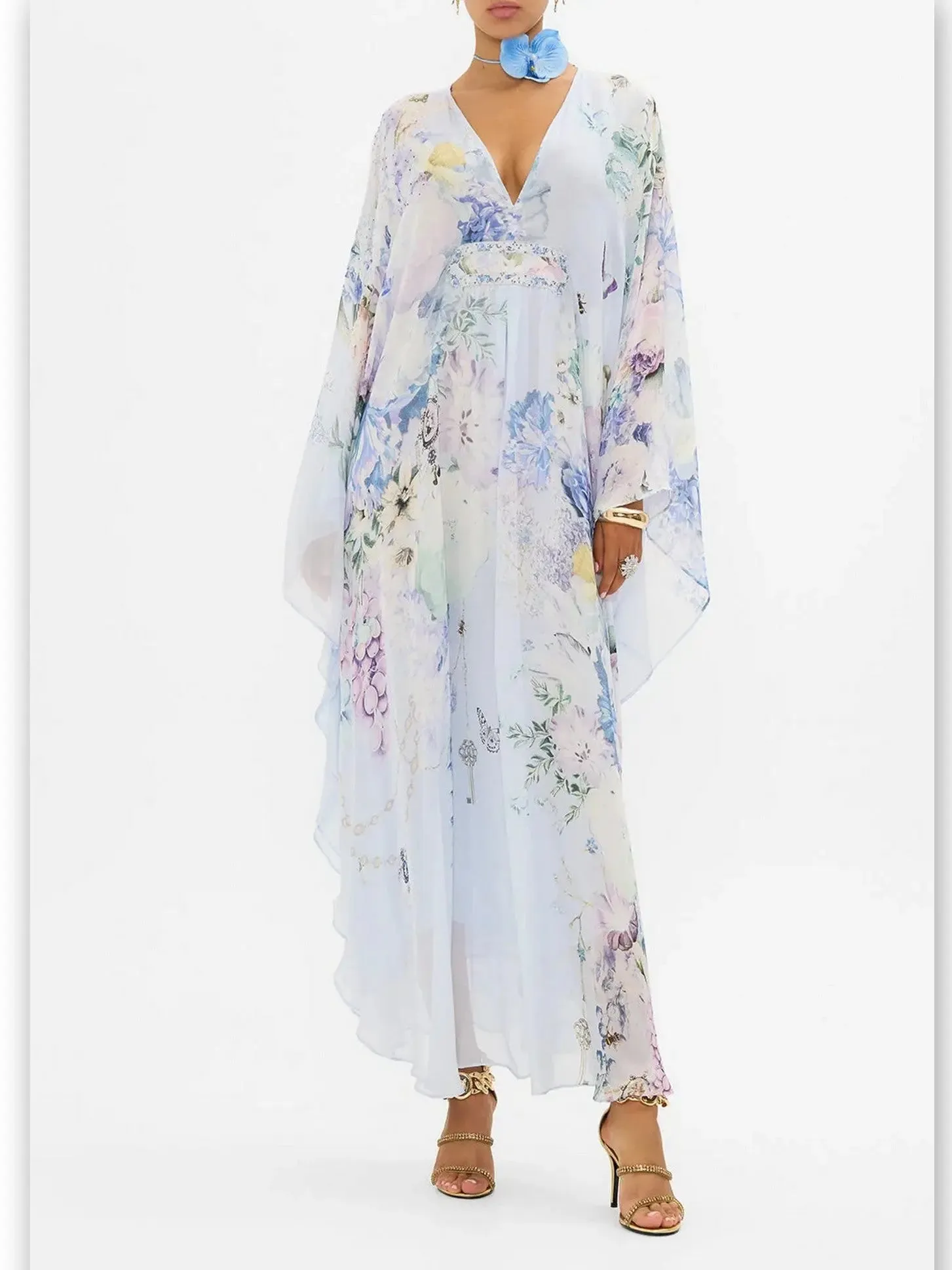 Women’s Butterfly and Floral Printed Long Light Blue Kaftan Dress with Waist Detail