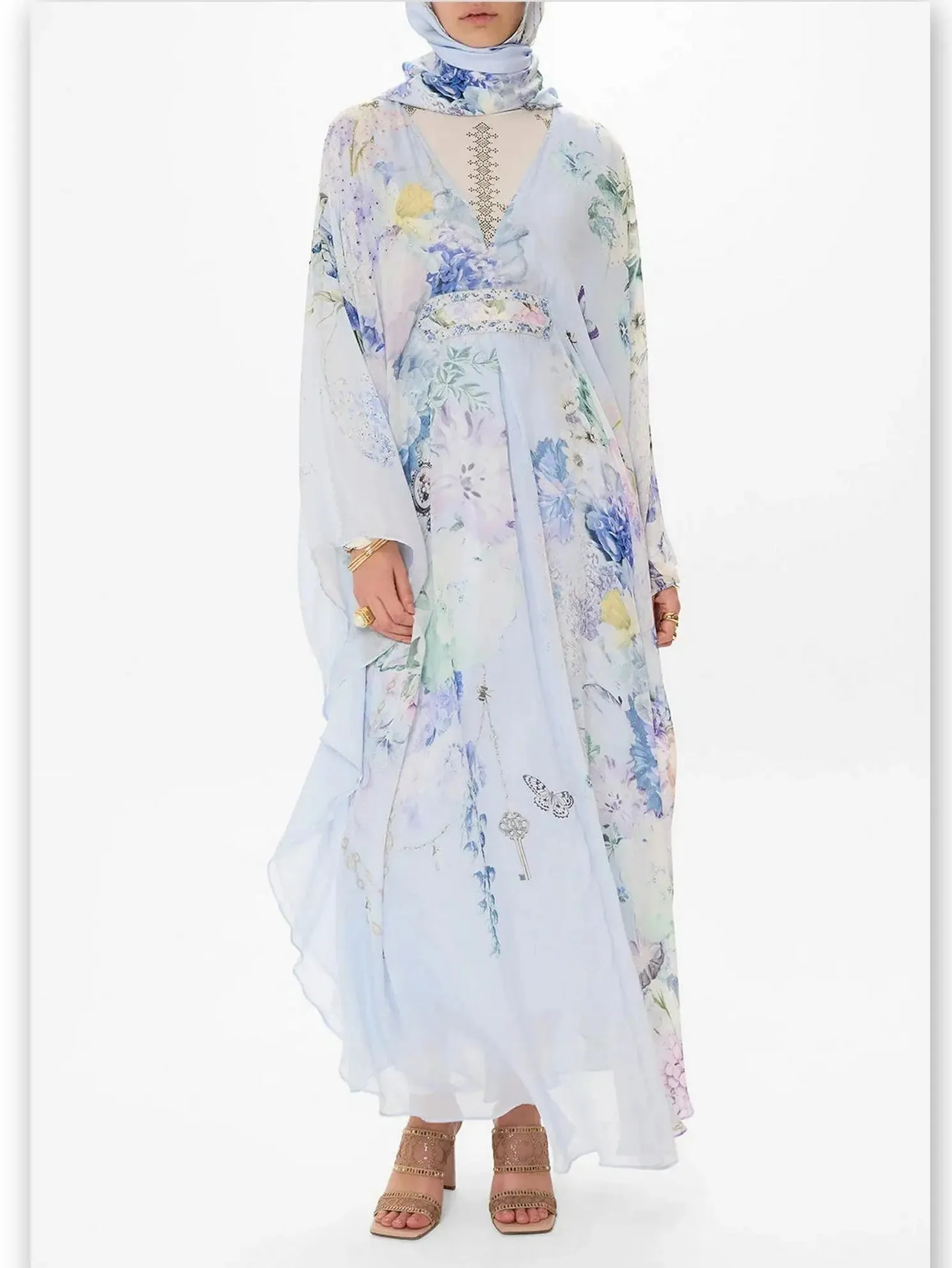 Women’s Butterfly and Floral Printed Long Light Blue Kaftan Dress with Waist Detail